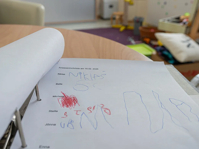 Natürlich wird auch eine Anwesenheitsliste geführt | © AWO Bremerhaven / Simone Hryzyk Anwesenheitslist mit gemalten Symbolen | © AWO Bremerhaven / Simone Hryzyk